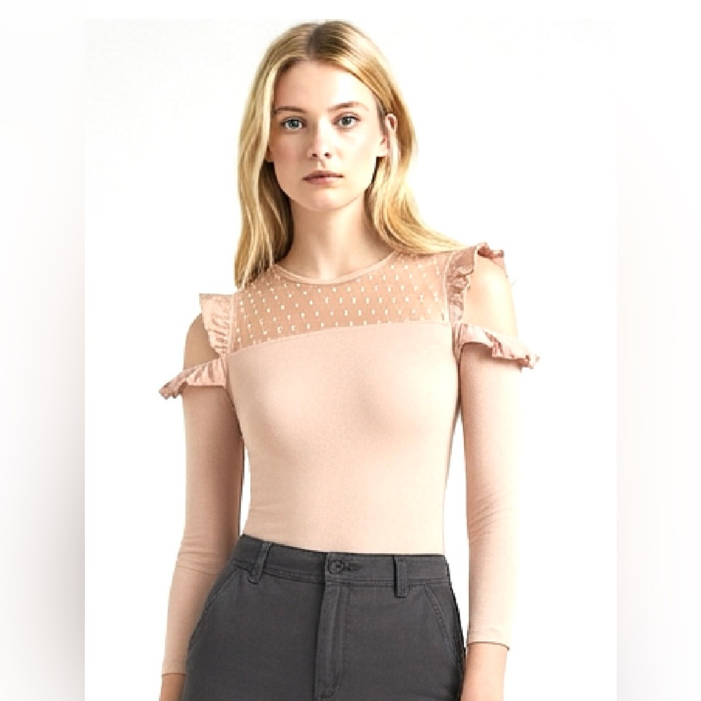 Express Blush Ruffle Mesh Top/Blouse - Picture 3 of 6